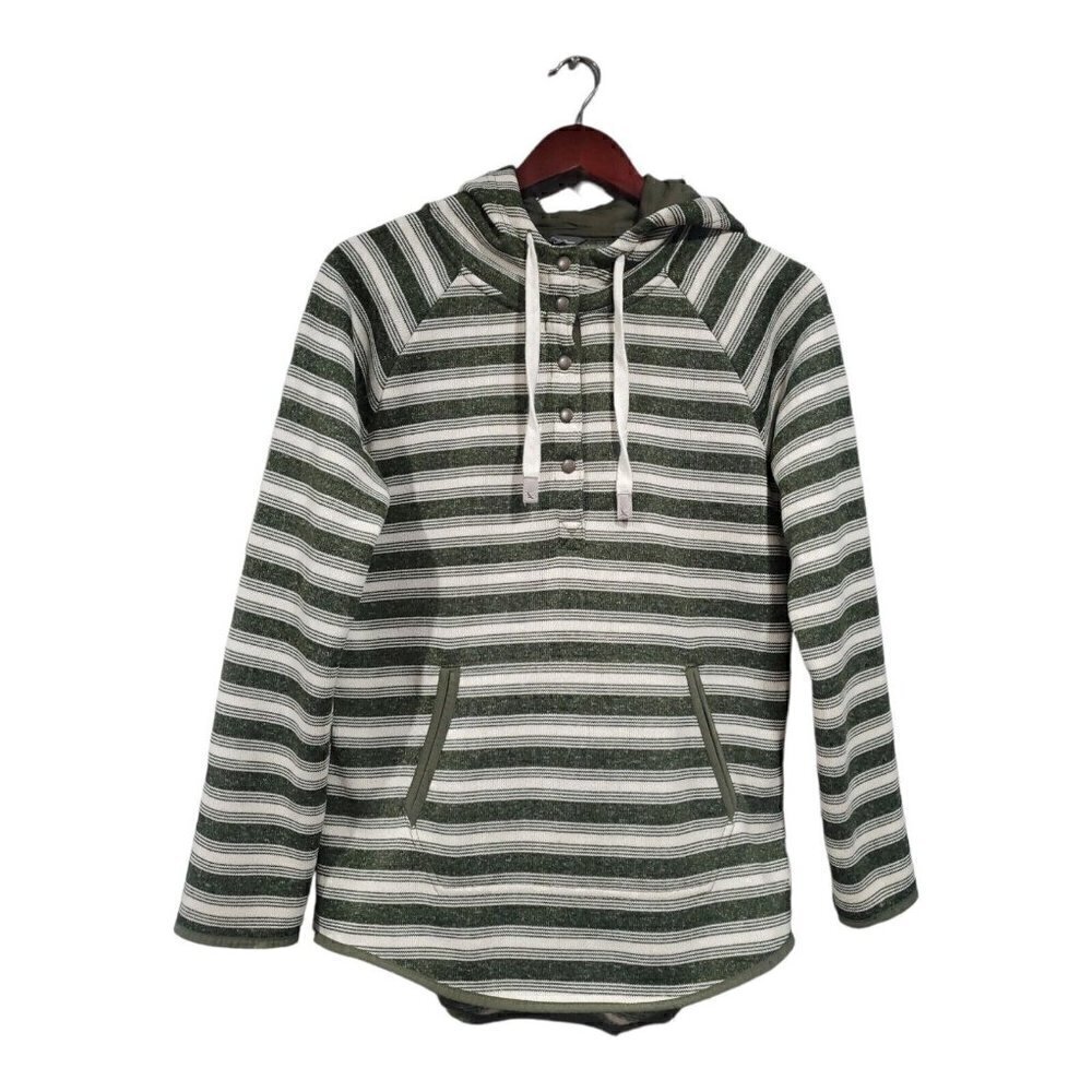 Eddie Bauer Women's Striped Fleece Pullover Hoodie Sweatshirt Cream Green Size M